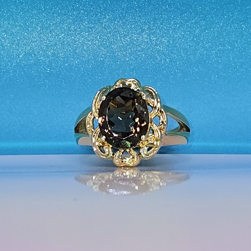 Smokey Quartz brilliant oval cut ring 14k gold 6-3/4 size - Picture 3 of 16